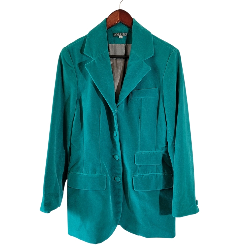 VTG LORENZA Royal Blue Velvet Suede Blazer Sz 8 Cotton Corporate Career Office
